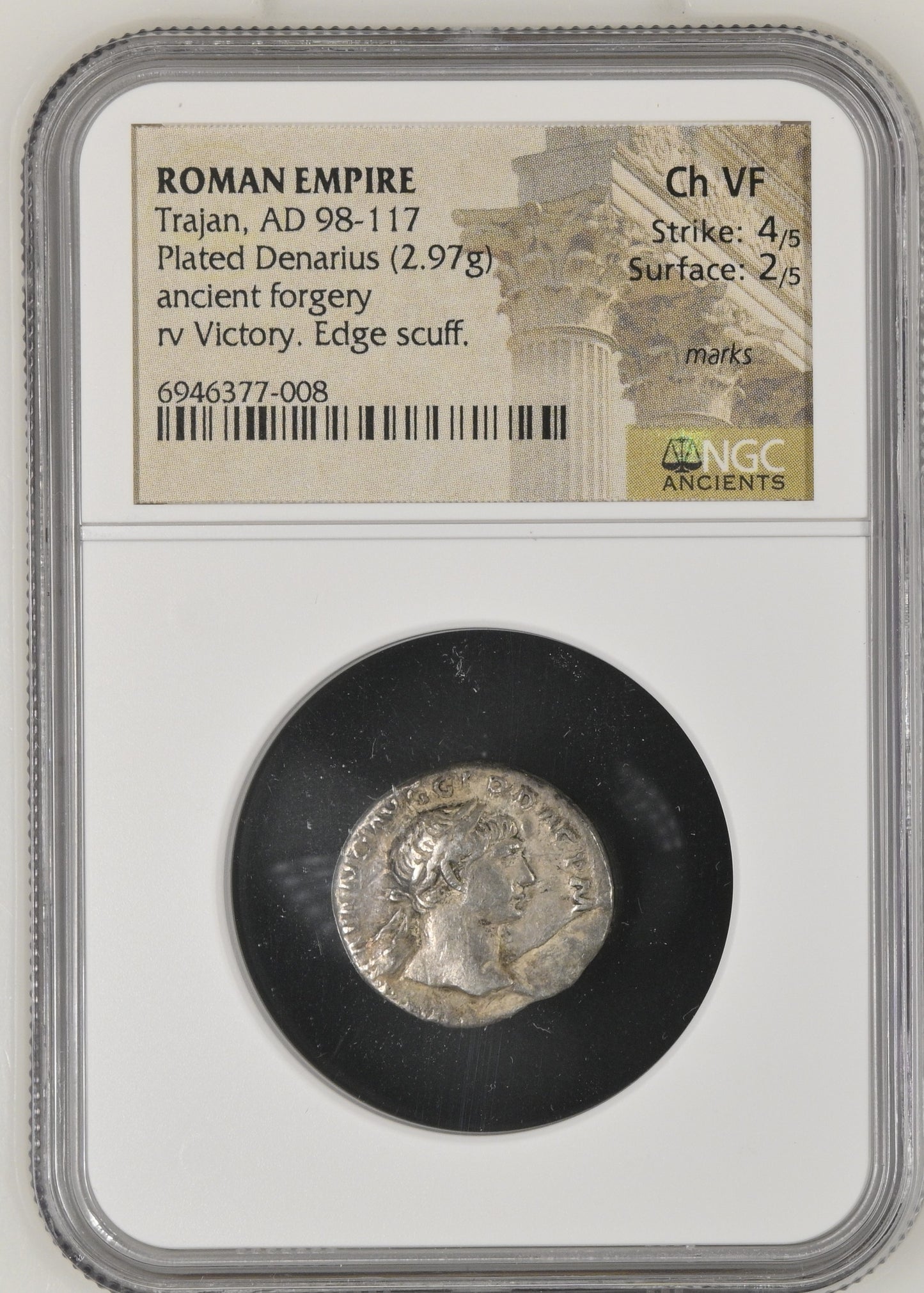Roman Empire - Trajan - Plated Denarius - NGC Ch VF - RIC:131