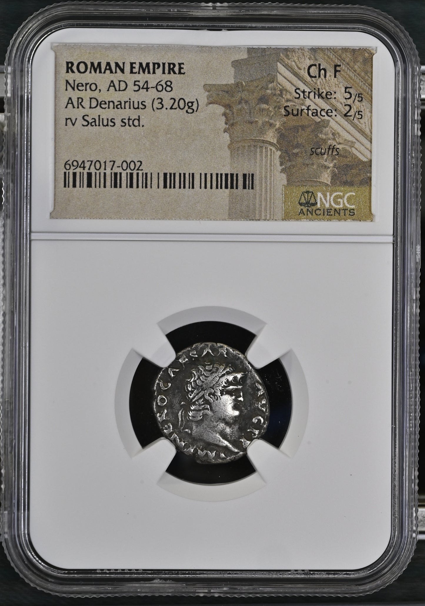 Roman Empire - Nero - Silver Denarius - NGC Ch F - RIC:60