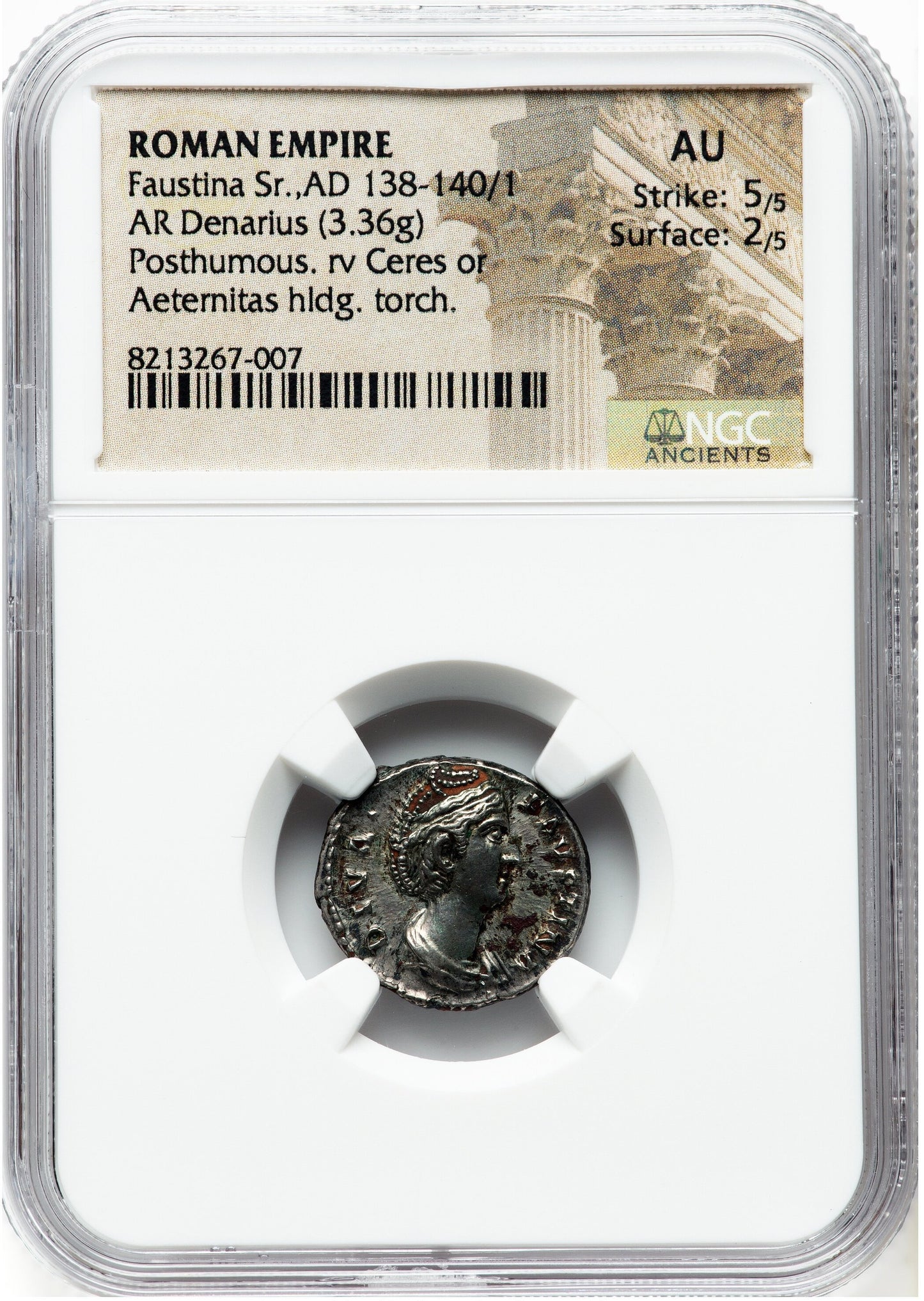 Roman Empire - Faustina I - Silver Denarius - NGC AU - RIC:362