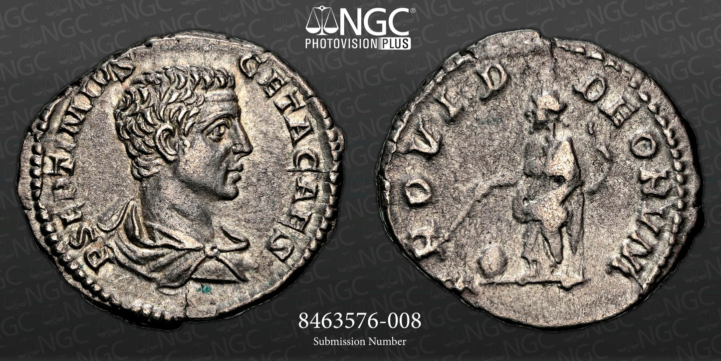 Roman Empire - Geta - Silver Denarius - NGC Ch XF - RIC:51