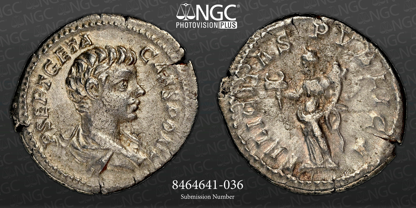 Roman Empire - Geta - Silver Denarius - NGC XF - RIC:9a