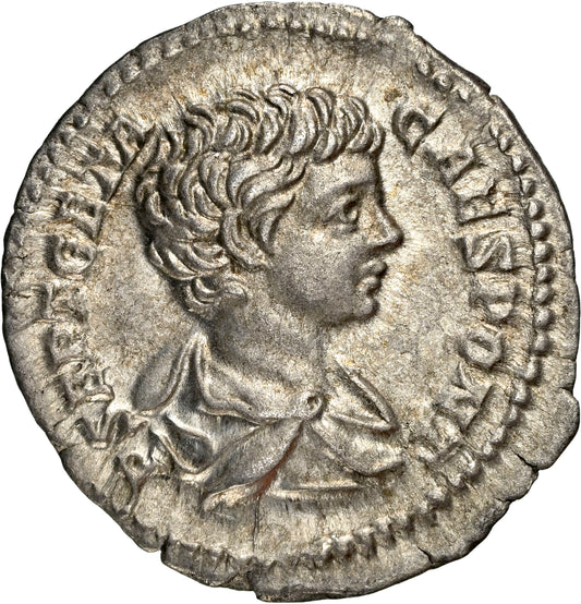 Roman Empire - Geta - Silver Denarius - NGC Ch XF - RIC:185