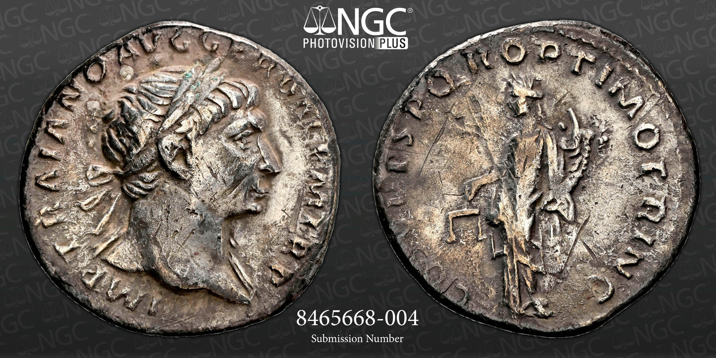 Roman Empire - Trajan - Silver Denarius - NGC Ch VF - RIC:128