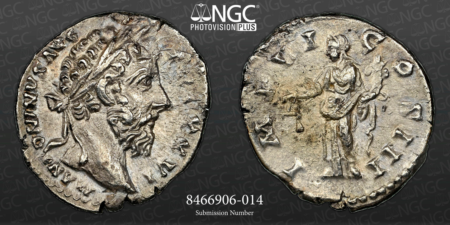 Roman Empire - Marcus Aurelius - Silver Denarius - NGC Ch XF - RIC:252