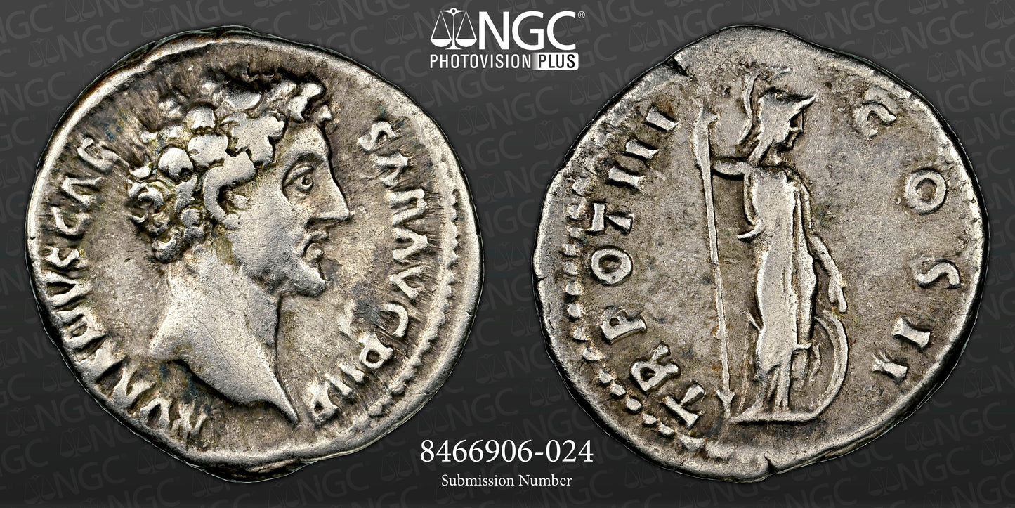 Roman Empire - Marcus Aurelius - Silver Denarius - NGC Ch F - RIC:444