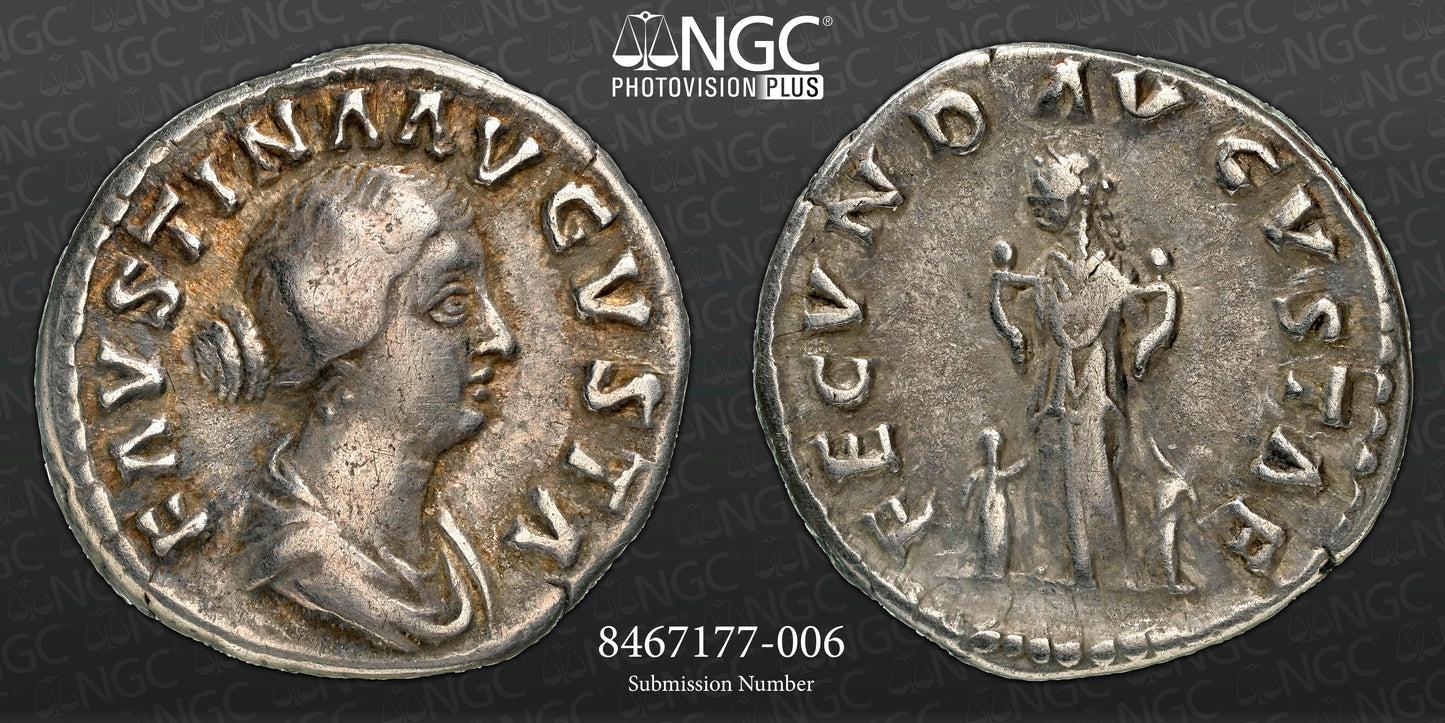 Roman Empire - Faustina II - Silver Denarius - NGC Ch F - RIC:677
