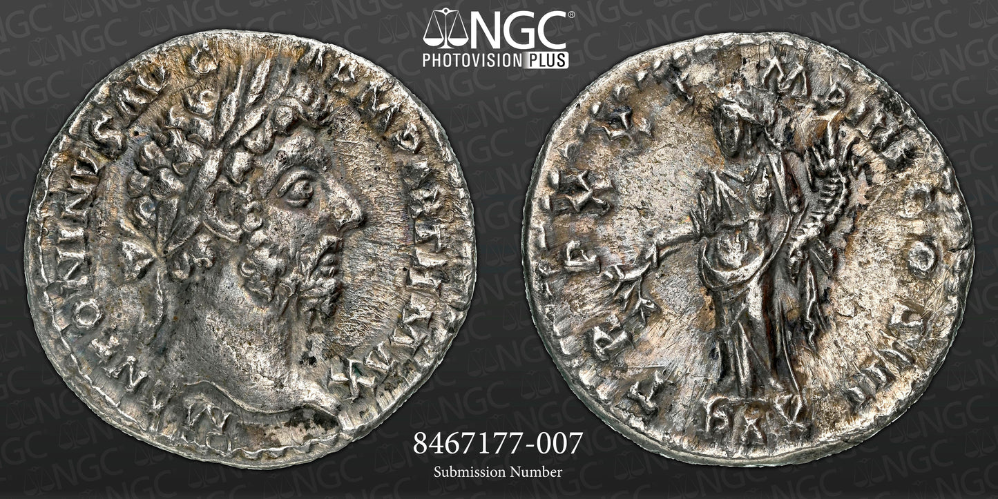 Roman Empire - Marcus Aurelius - Silver Denarius - NGC Ch XF - RIC:164