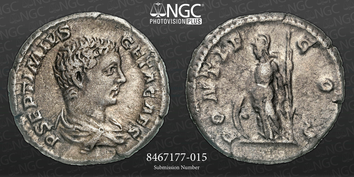 Roman Empire - Geta - Silver Denarius - NGC Ch VF - RIC:30