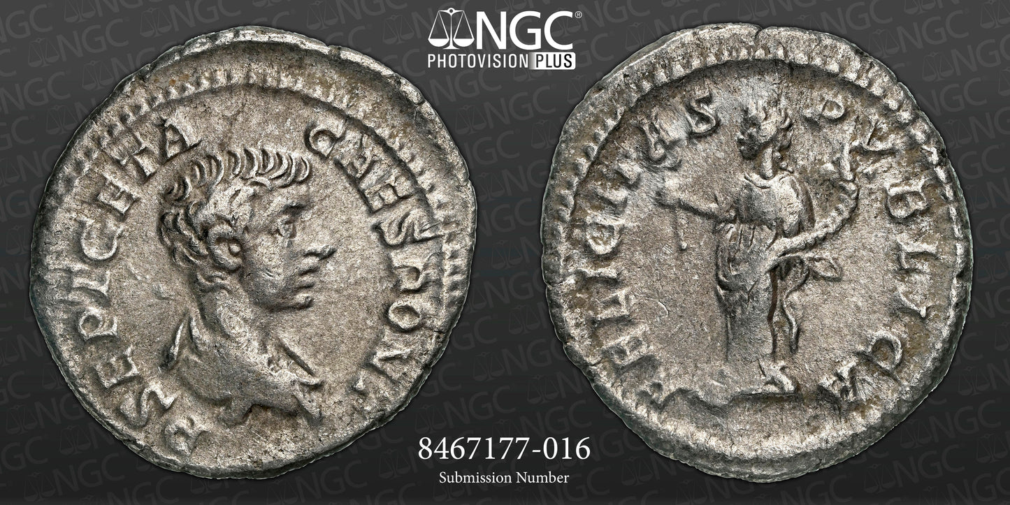 Roman Empire - Geta - Silver Denarius - NGC Ch VF - RIC:9a