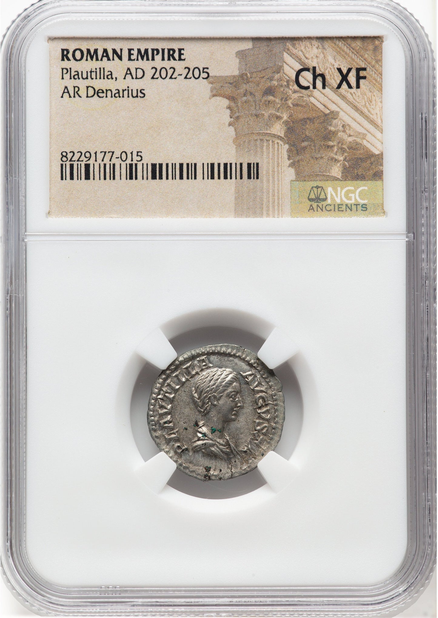 Roman Empire - Plautilla - Silver Denarius - NGC Ch XF