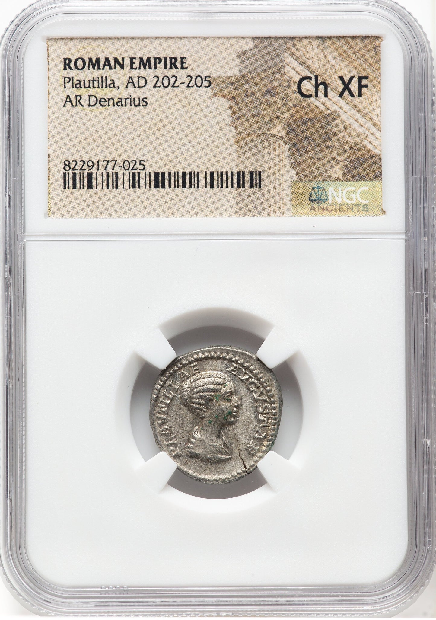 Roman Empire - Plautilla - Silver Denarius - NGC Ch XF