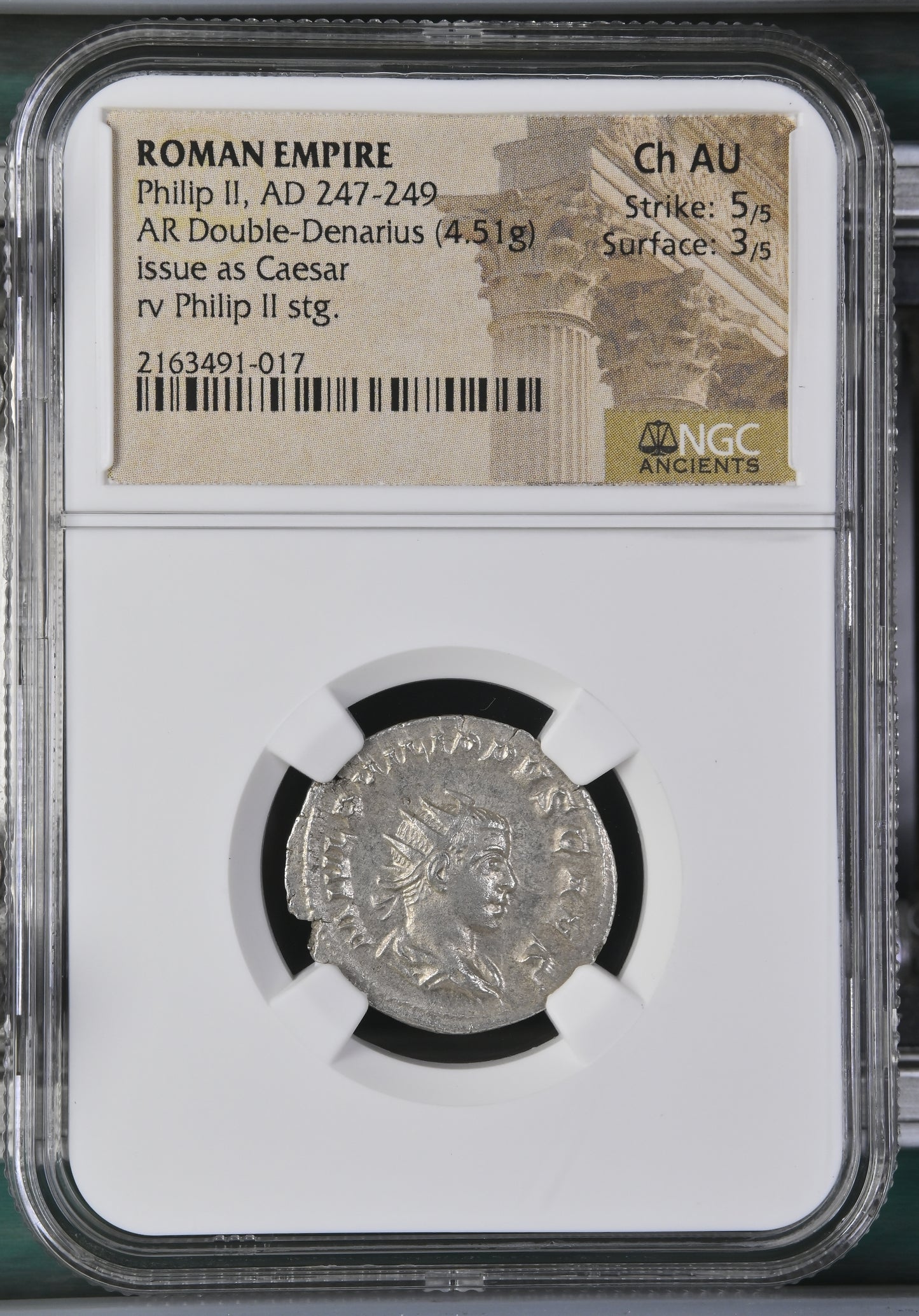 Roman Empire - Philip II - Silver Double-Denarius - NGC Ch AU - RIC:218