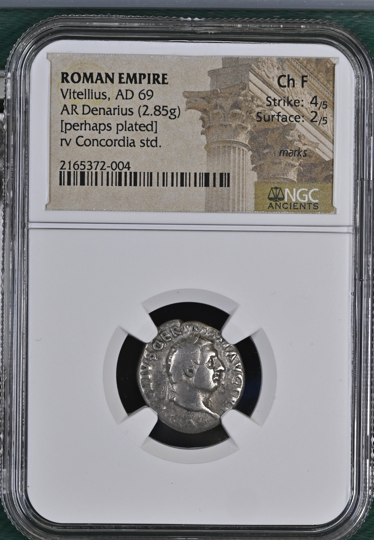 Roman Empire - Vitellius - Perhaps Plated Denarius - NGC Ch F - RIC:90