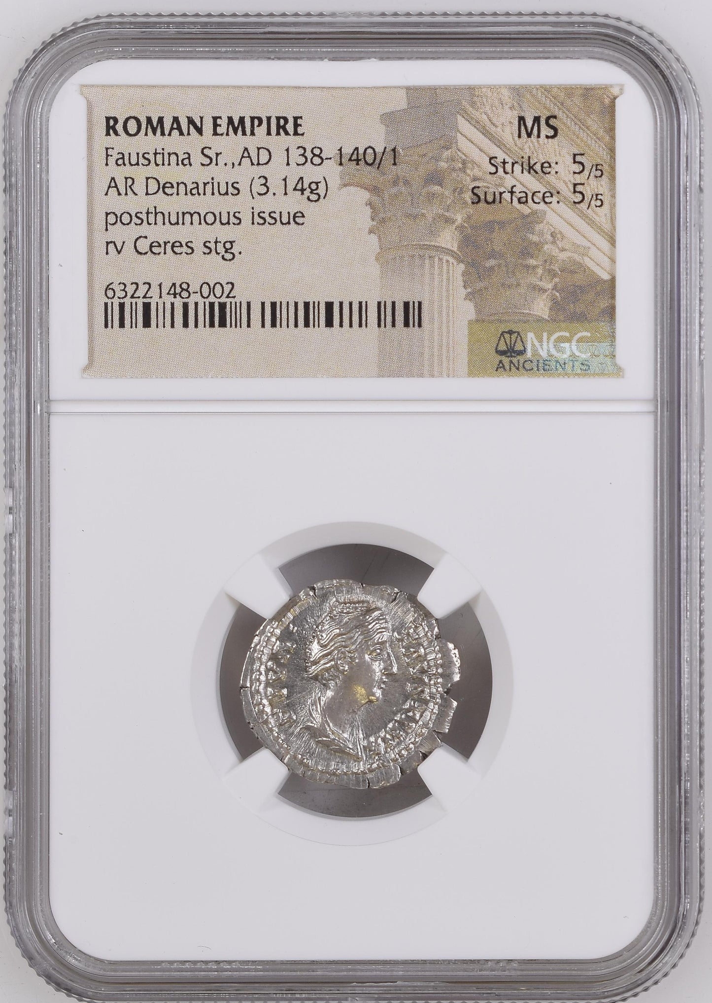 Roman Empire - Faustina I - Silver Denarius - NGC MS - RIC:358