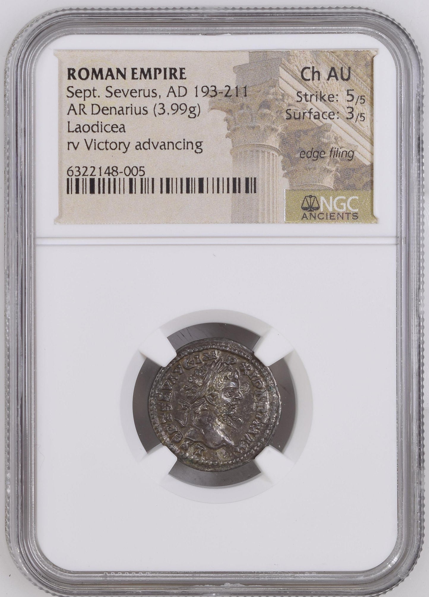Roman Empire - Septimius Severus - Silver Denarius - NGC Ch AU - RIC:503