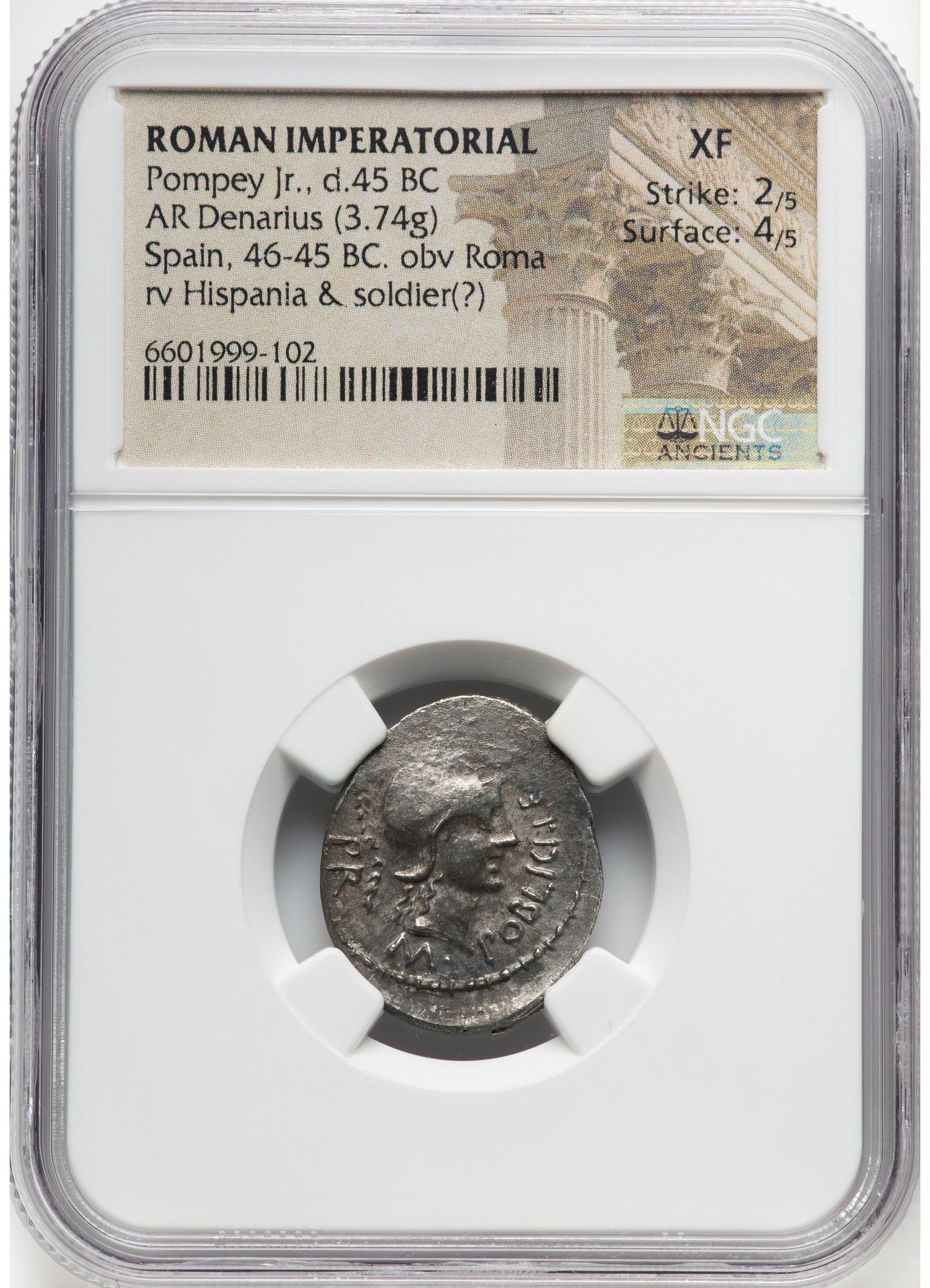Roman Imperatorial - Pompey Junior - Silver Denarius - NGC XF - Crawf. 469/1a