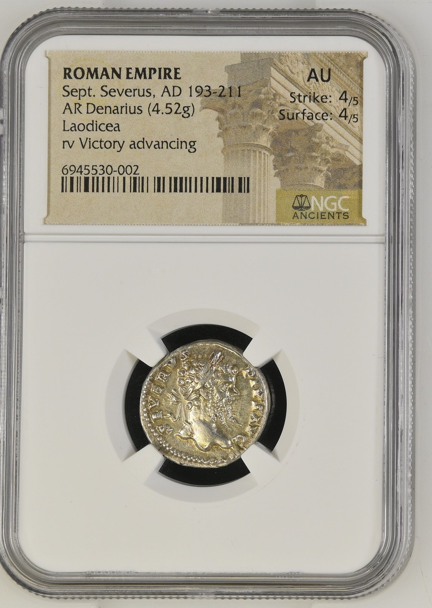 Roman Empire - Septimius Severus - Silver Denarius - NGC AU - RIC:176