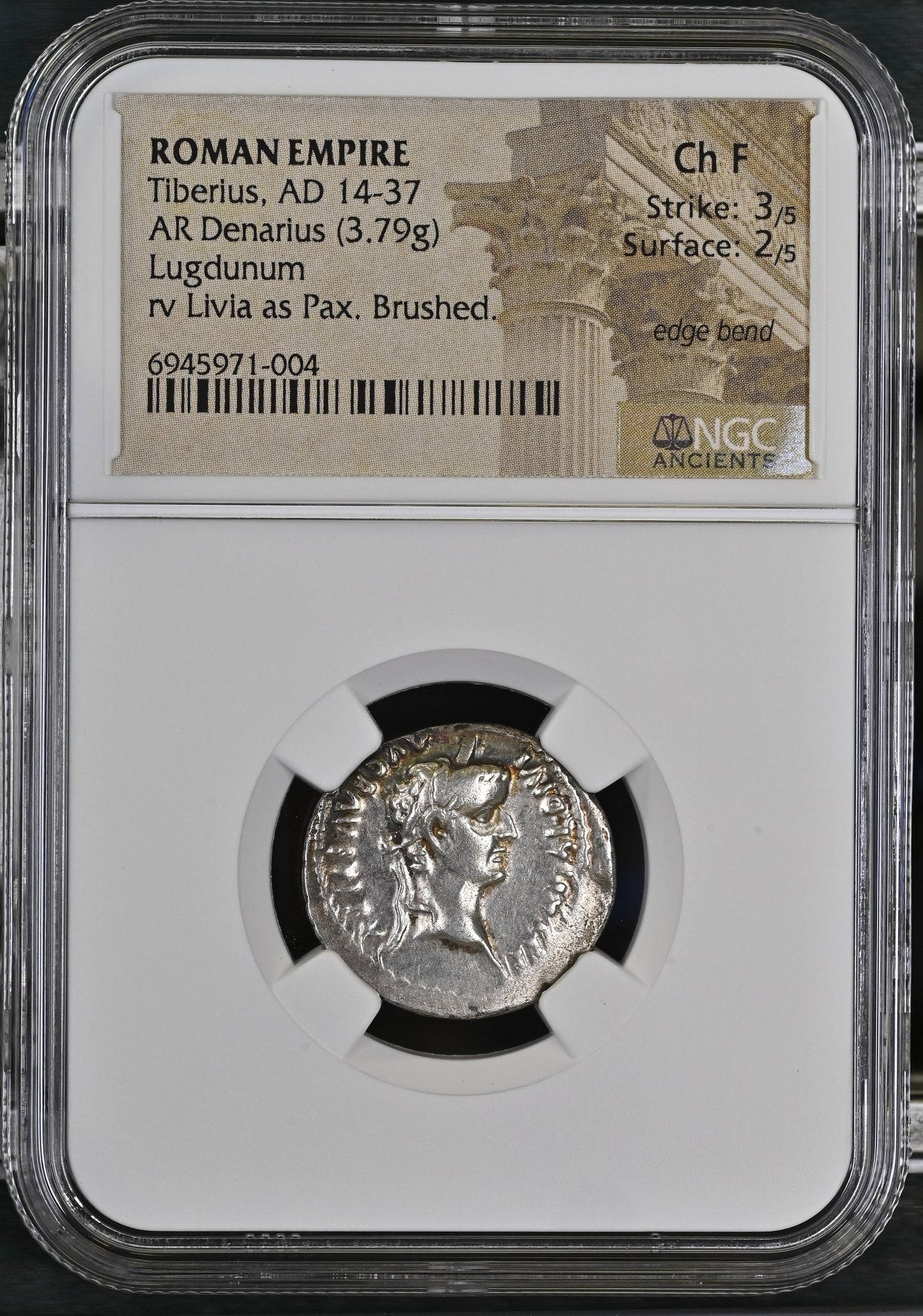 Roman Empire - Tiberius - Silver Denarius - NGC Ch F - RIC:30