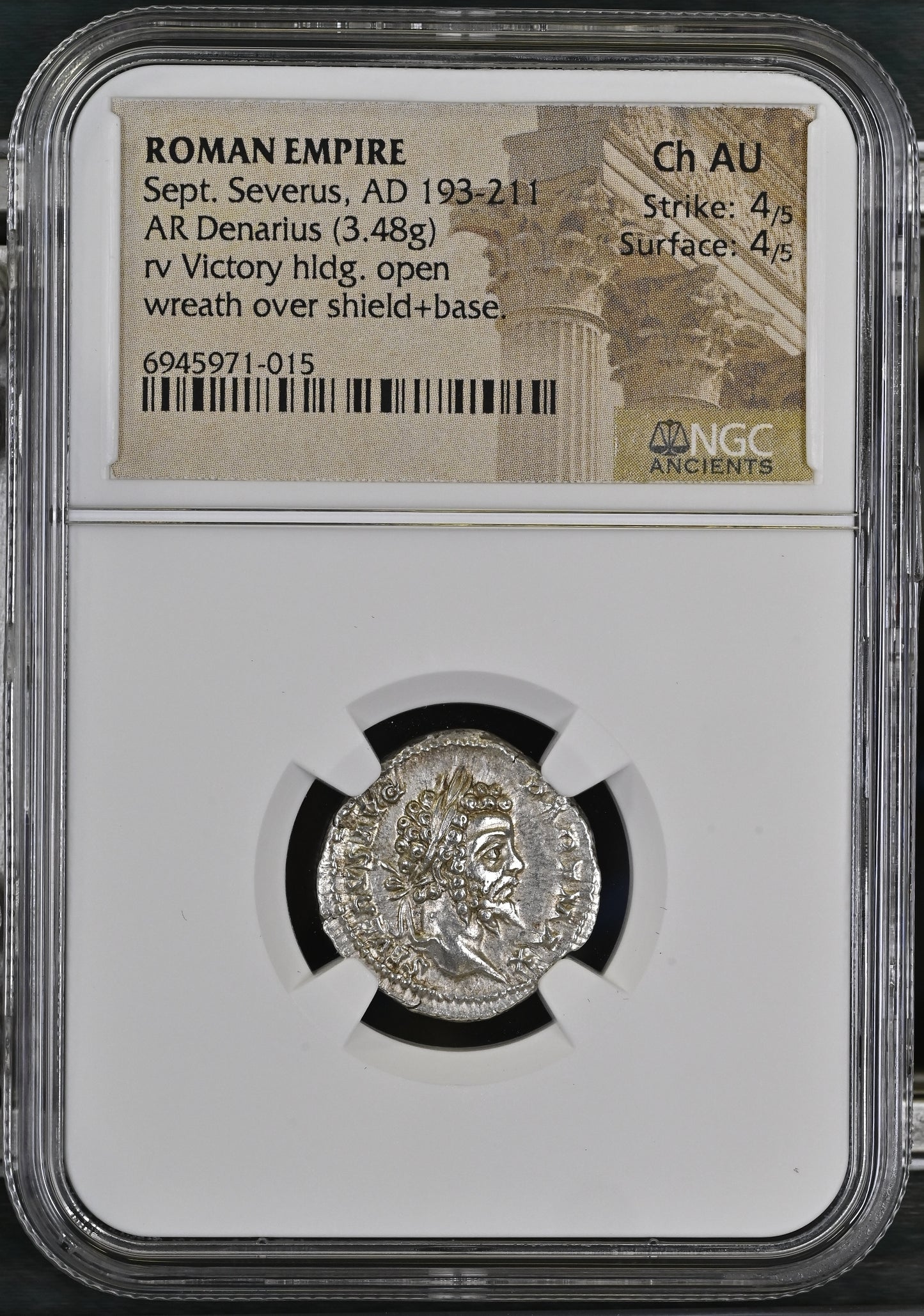 Roman Empire - Septimius Severus - Silver Denarius - NGC Ch AU - RIC:150