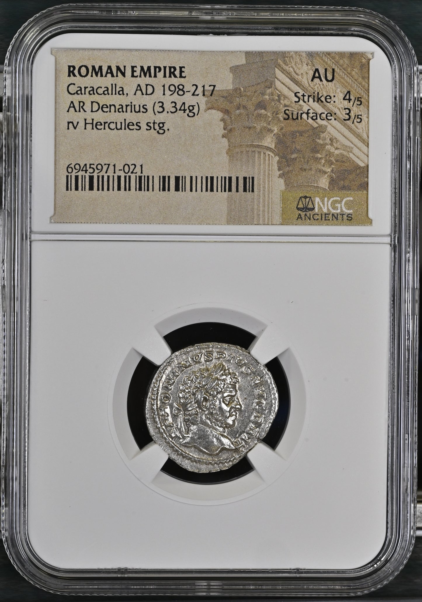 Roman Empire - Caracalla - Silver Denarius - NGC AU - RIC:192