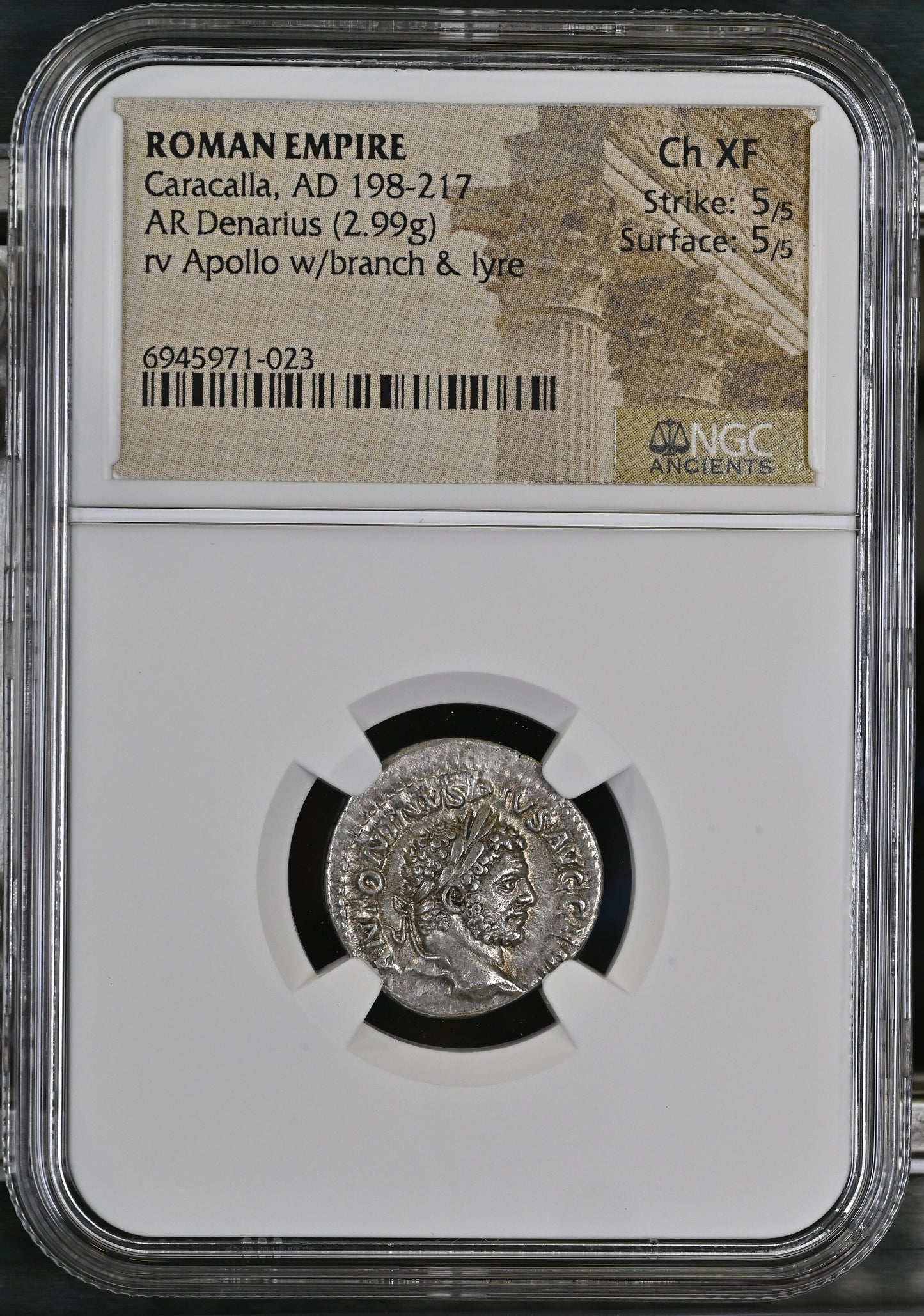 Roman Empire - Caracalla - Silver Denarius - NGC Ch XF - RIC:254