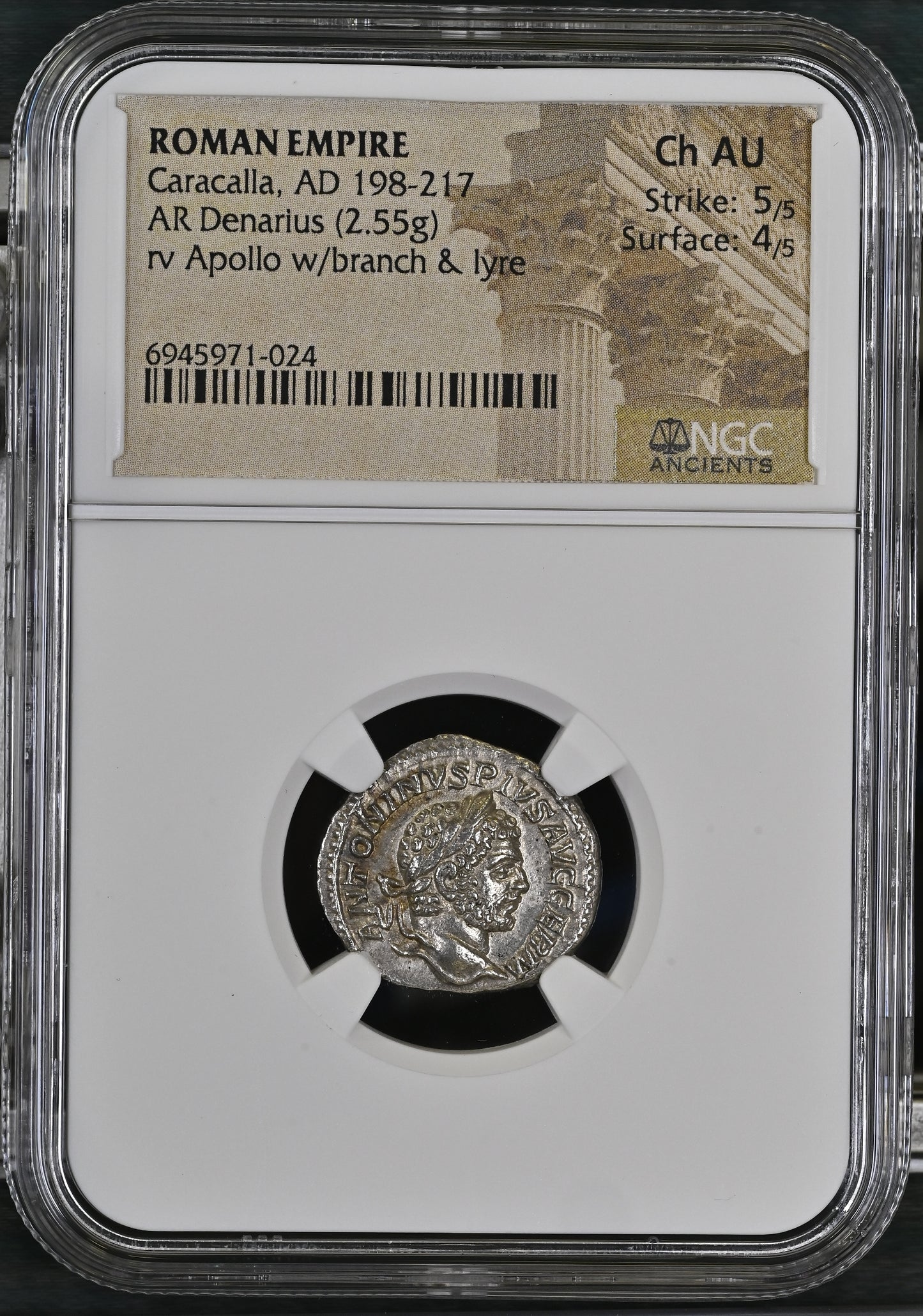 Roman Empire - Caracalla - Silver Denarius - NGC Ch AU - RIC:254