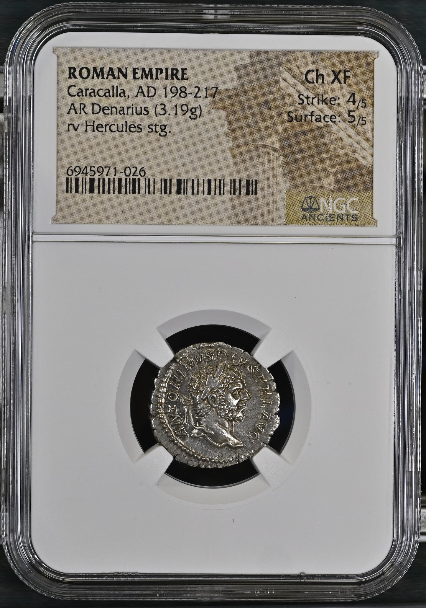 Roman Empire - Caracalla - Silver Denarius - NGC Ch XF - RIC:206b