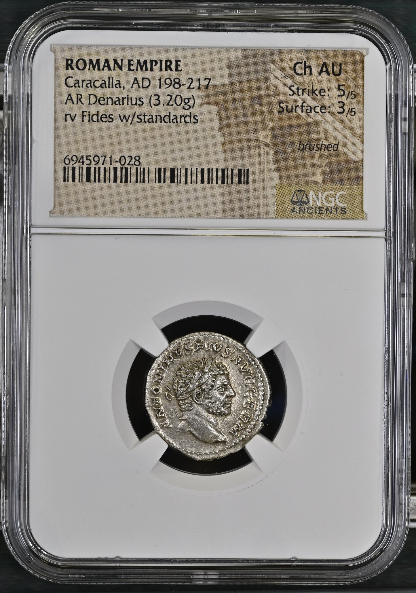 Roman Empire - Caracalla - Silver Denarius - NGC Ch AU - RIC:266