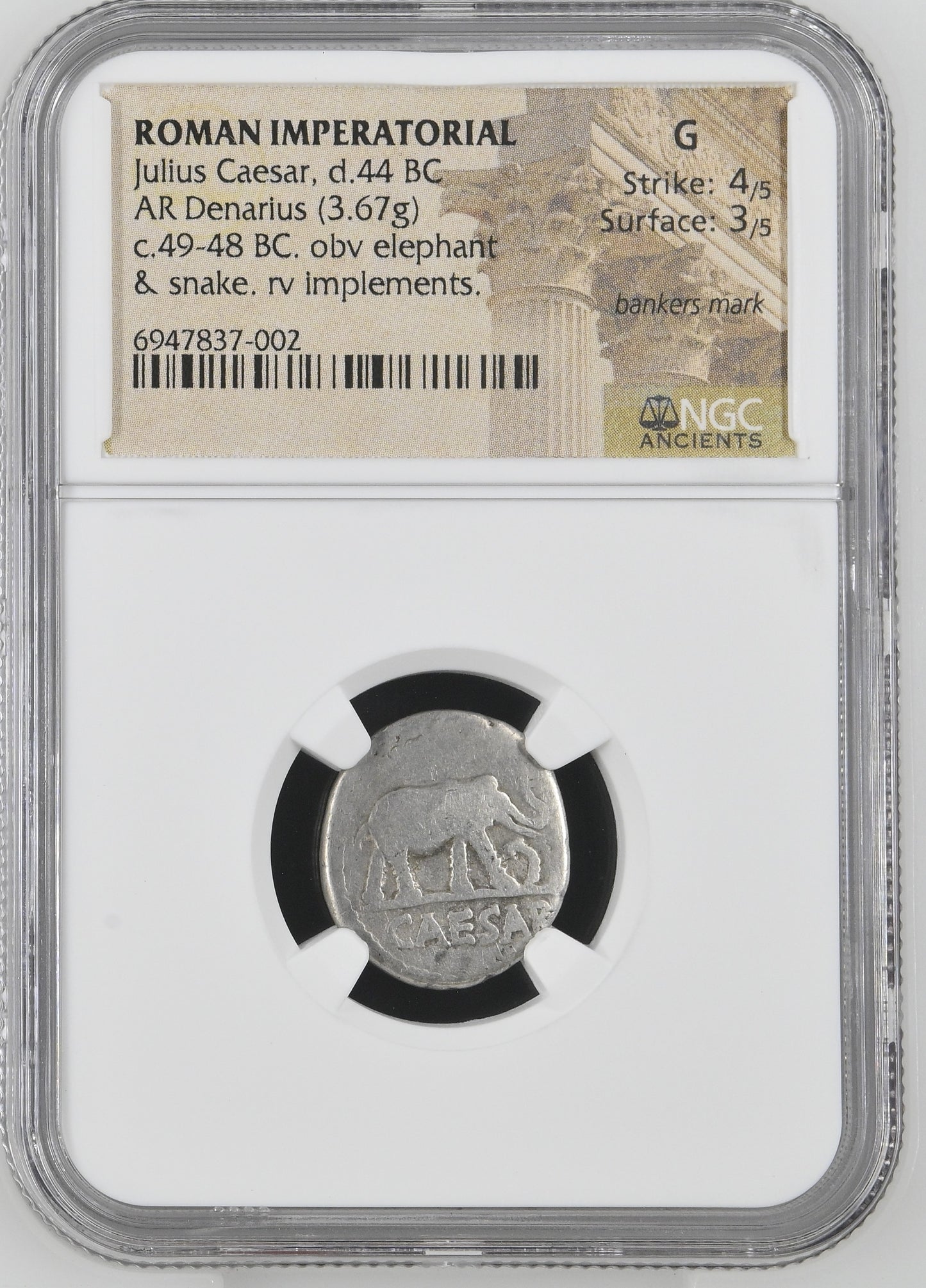 Roman Imperatorial - Julius Caesar - Silver Denarius - NGC G - Crawf. 443/1