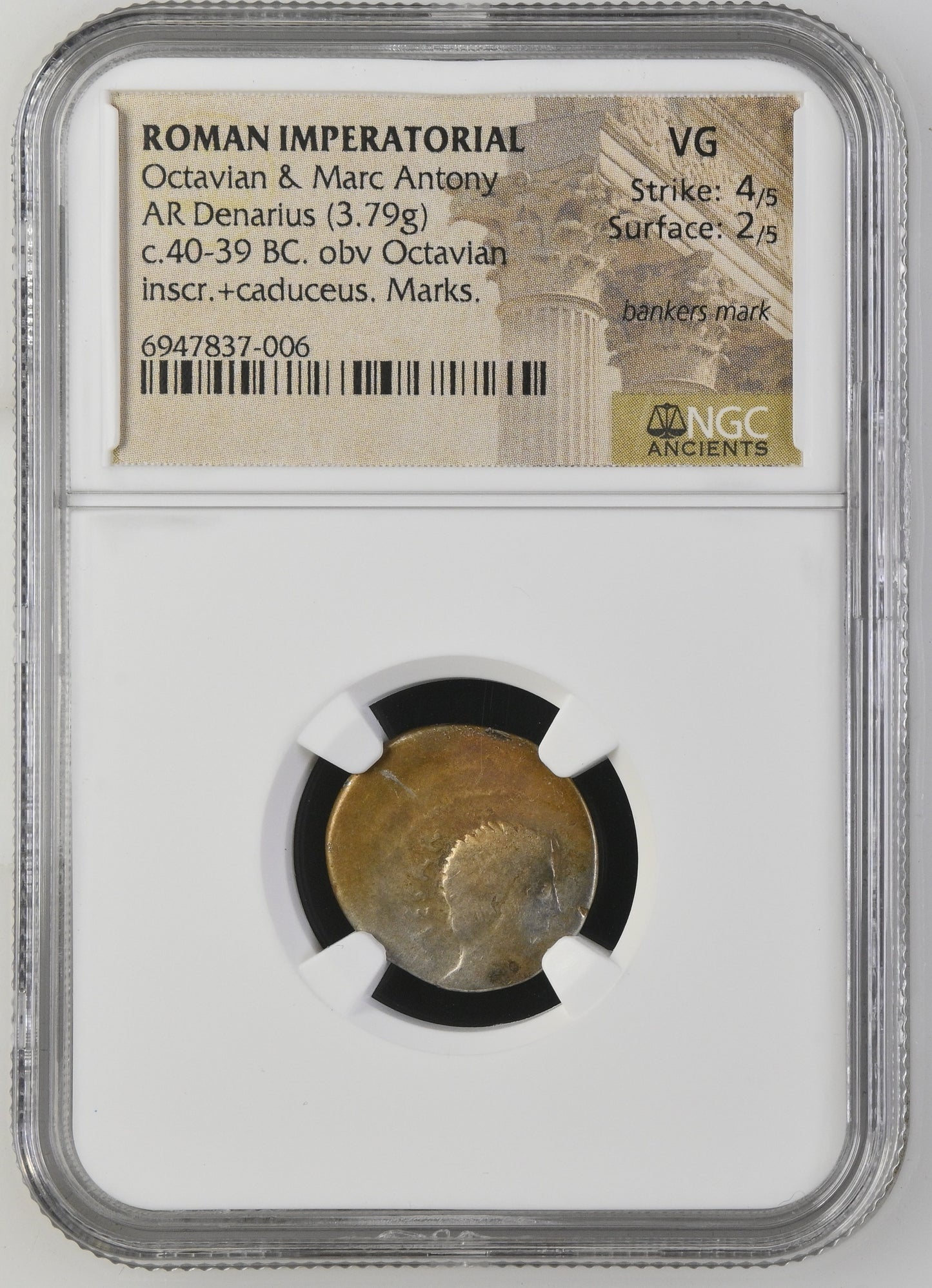 Roman Imperatorial - Octavian & Mark Antony - Silver Denarius - NGC VG - Crawf. 529/2a