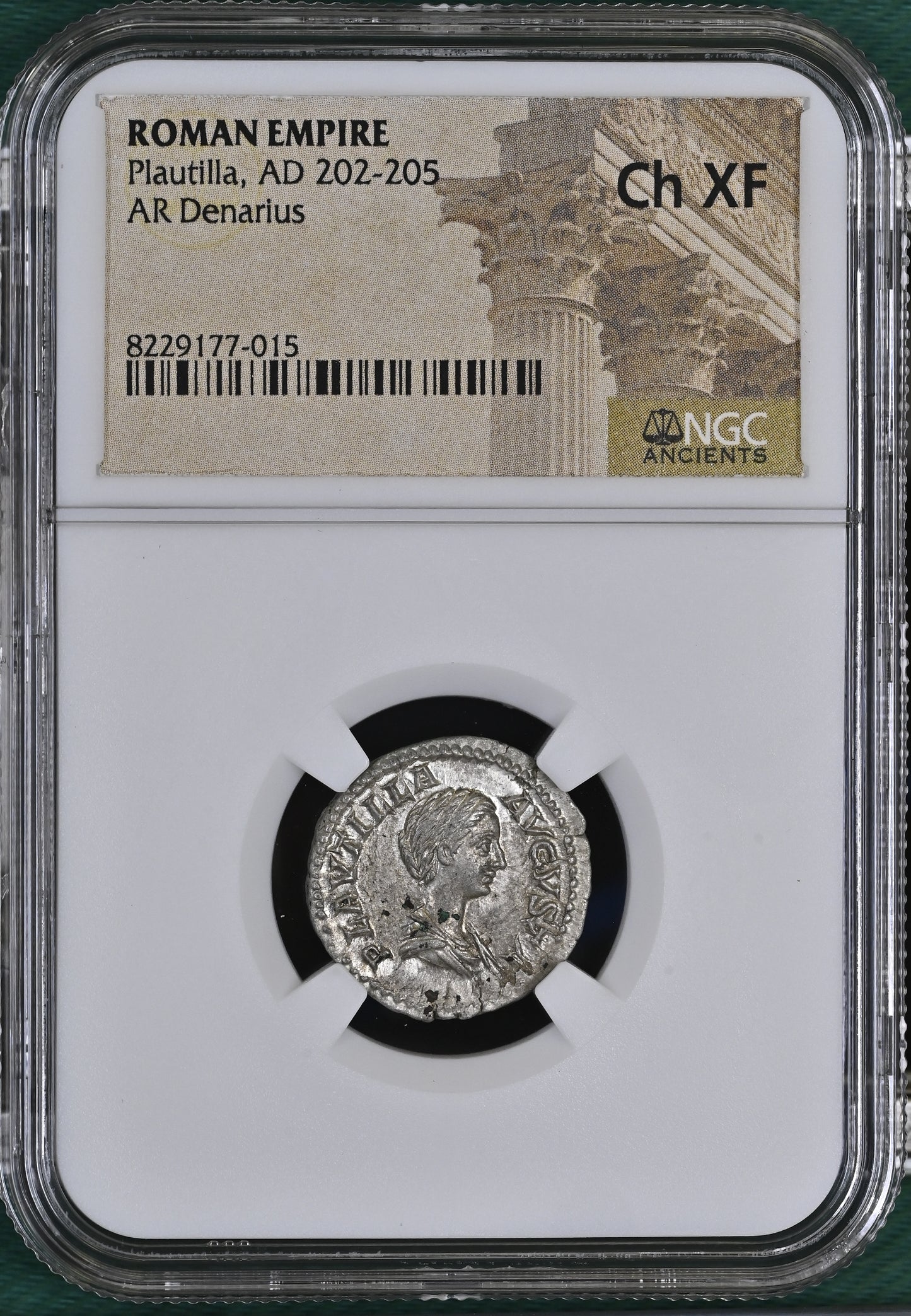 Roman Empire - Plautilla - Silver Denarius - NGC Ch XF