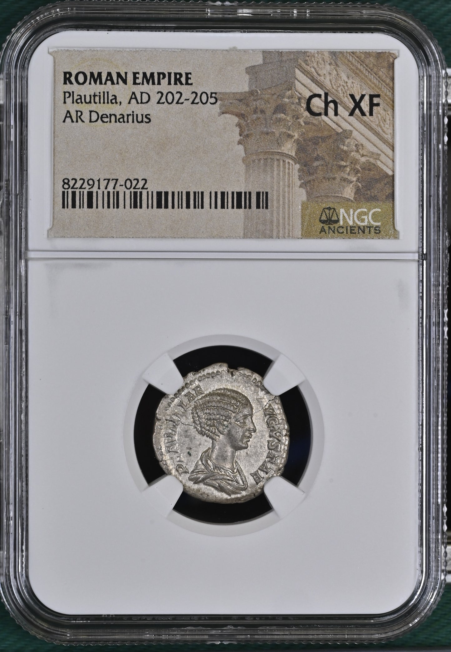 Roman Empire - Plautilla - Silver Denarius - NGC Ch XF