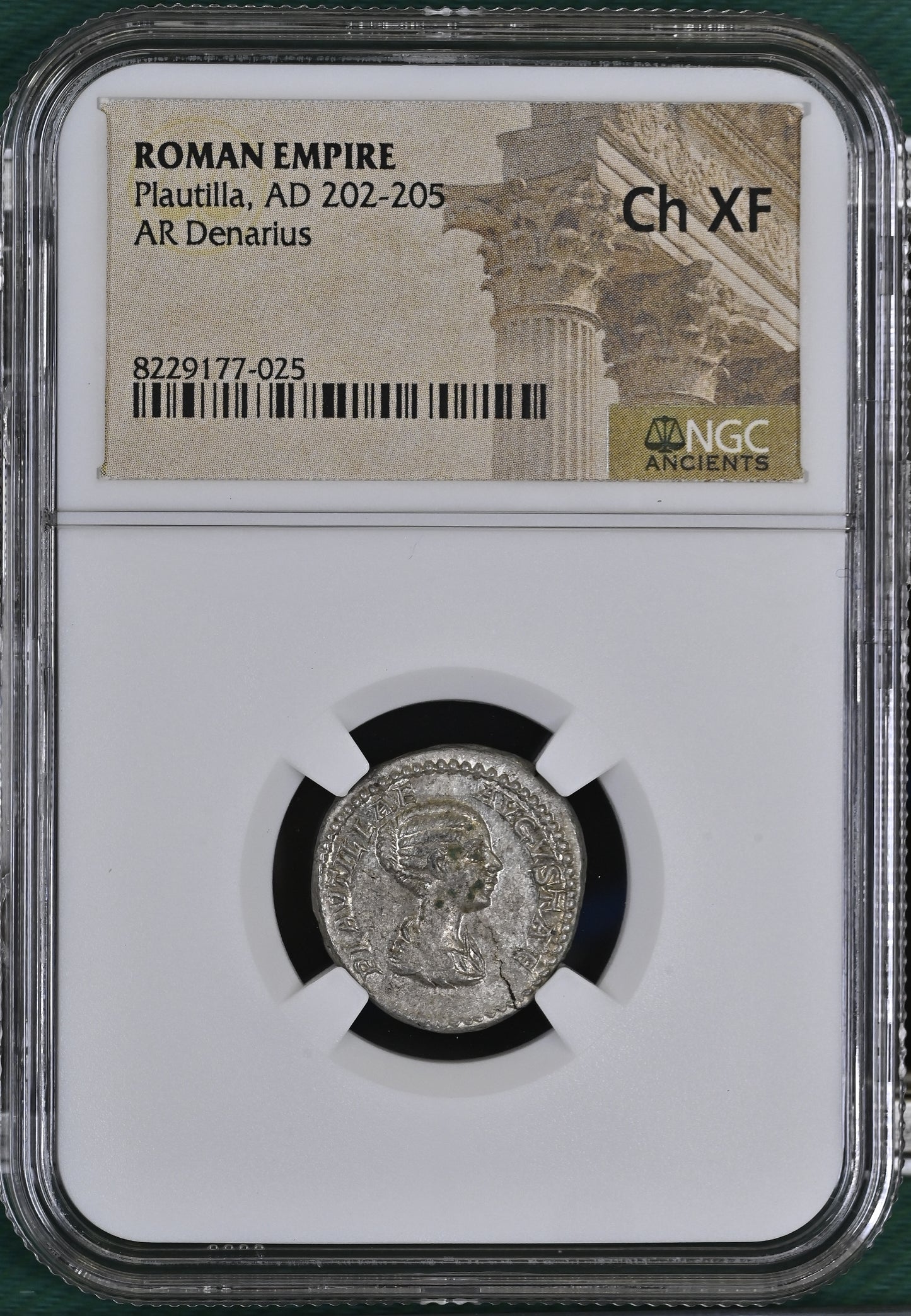 Roman Empire - Plautilla - Silver Denarius - NGC Ch XF