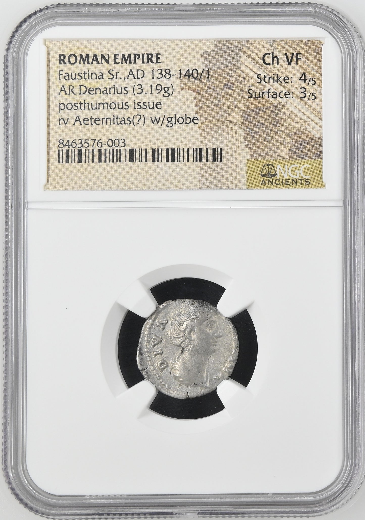 Roman Empire - Faustina I - Silver Denarius - NGC Ch VF - RIC:350a