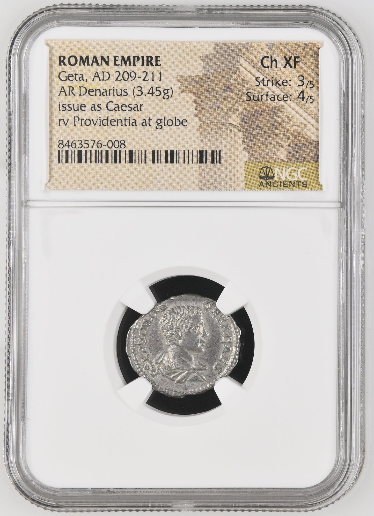 Roman Empire - Geta - Silver Denarius - NGC Ch XF - RIC:51