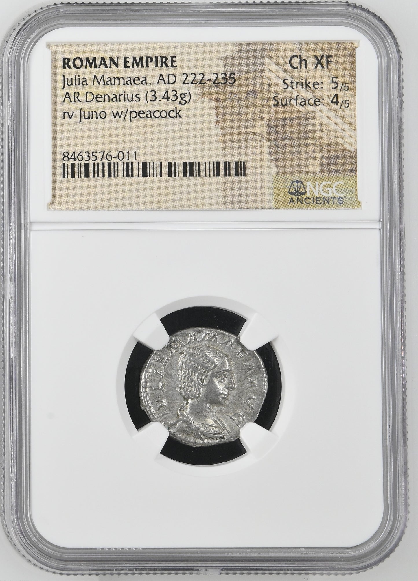 Roman Empire - Julia Mamaea - Silver Denarius - NGC Ch XF - RIC:343