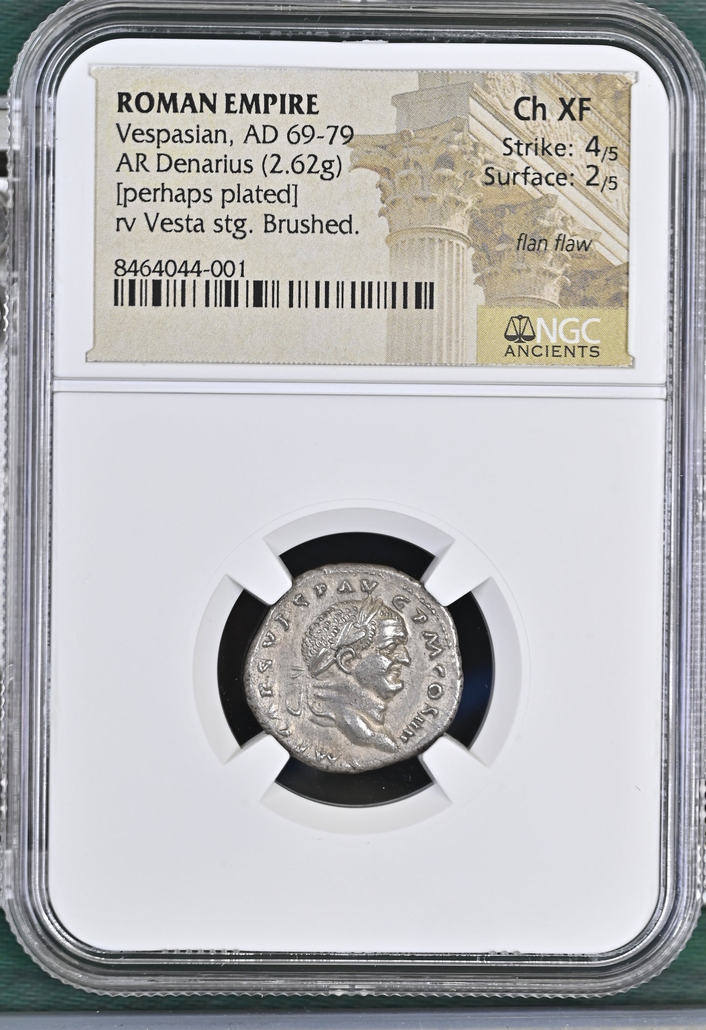 Roman Empire - Vespasian - Perhaps Plated Denarius - NGC Ch XF - RIC:360