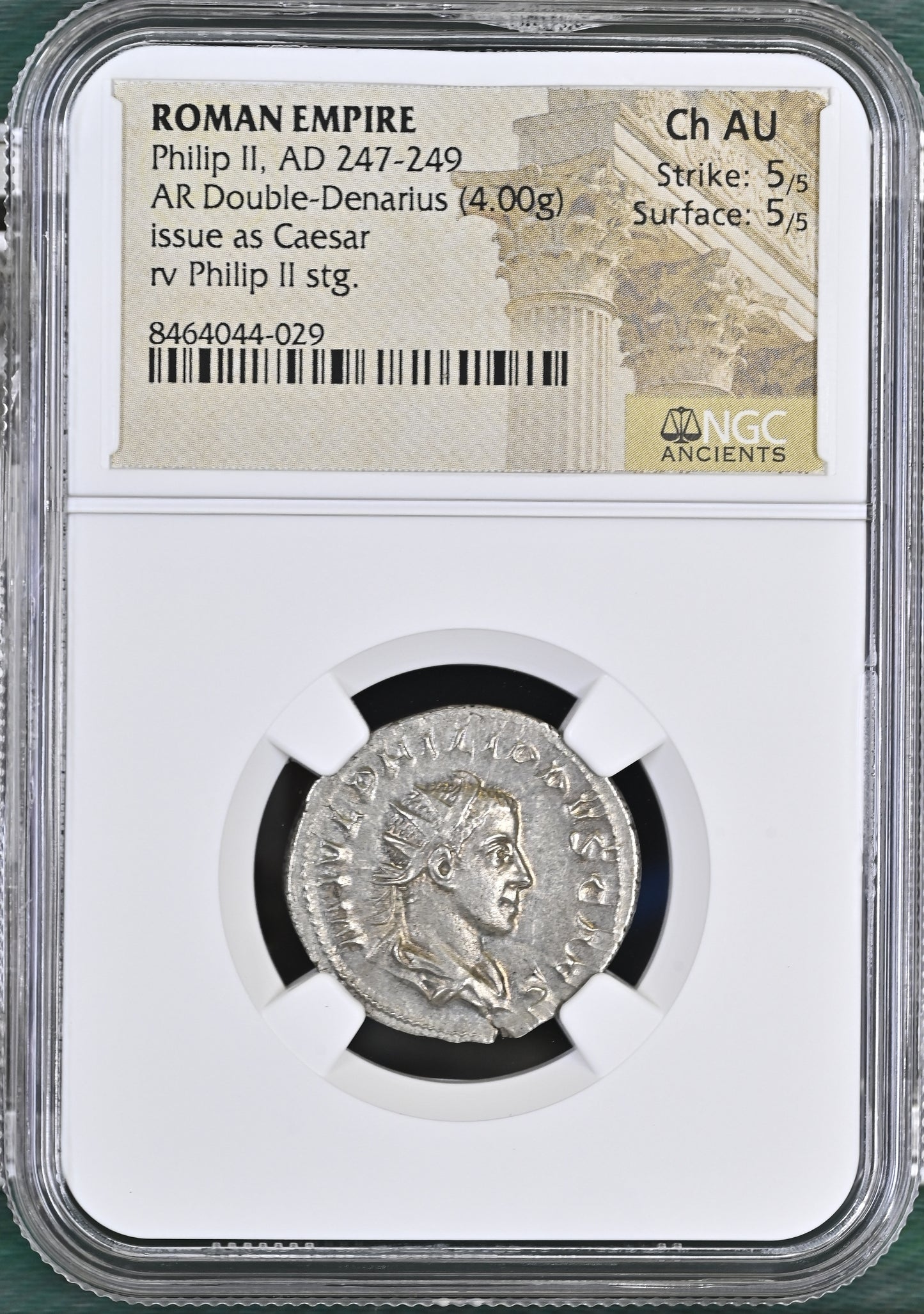 Roman Empire - Philip II - Silver Double-Denarius - NGC Ch AU - RIC:218d