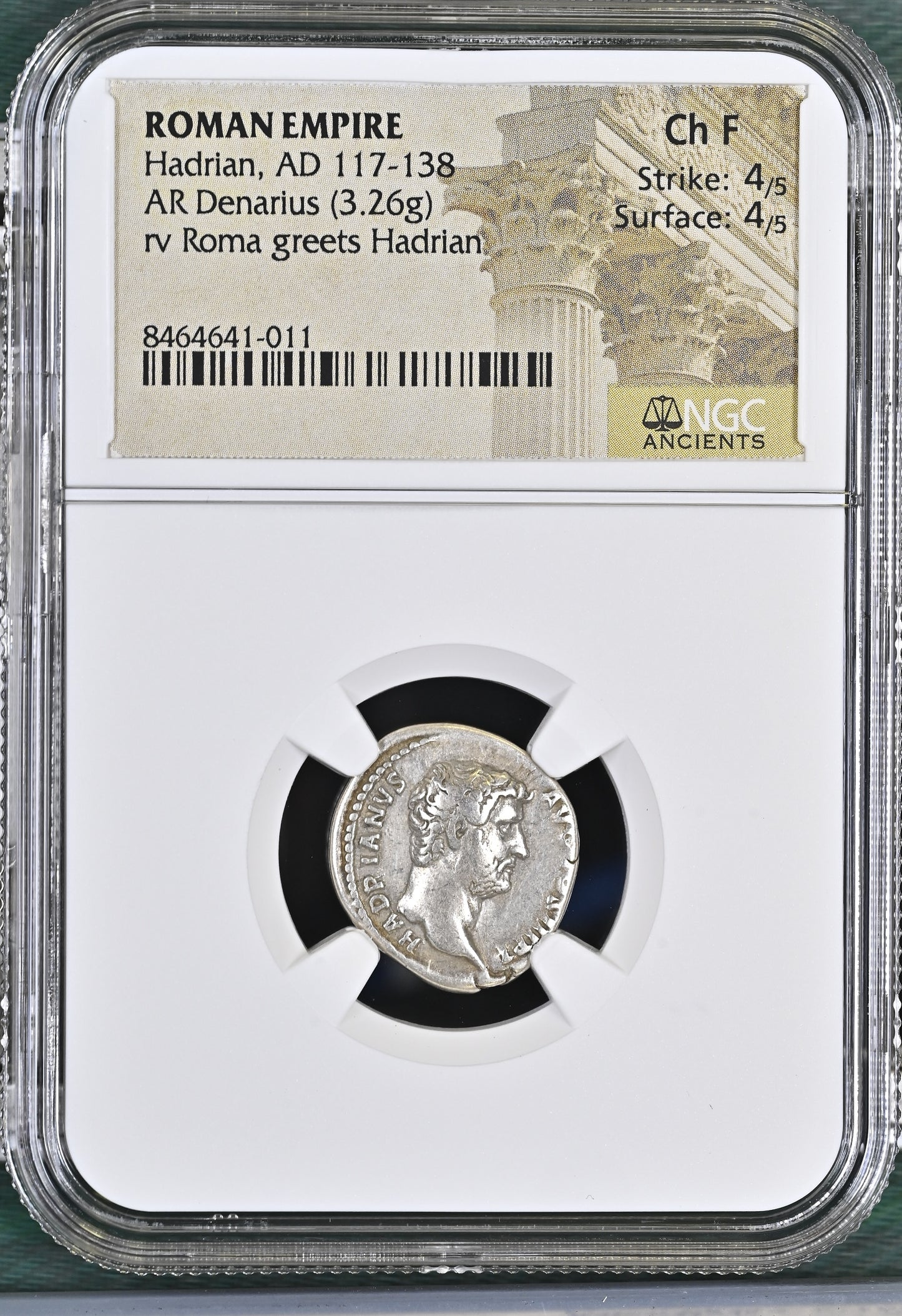 Roman Empire - Hadrian - Silver Denarius - NGC Ch F - RIC:1984
