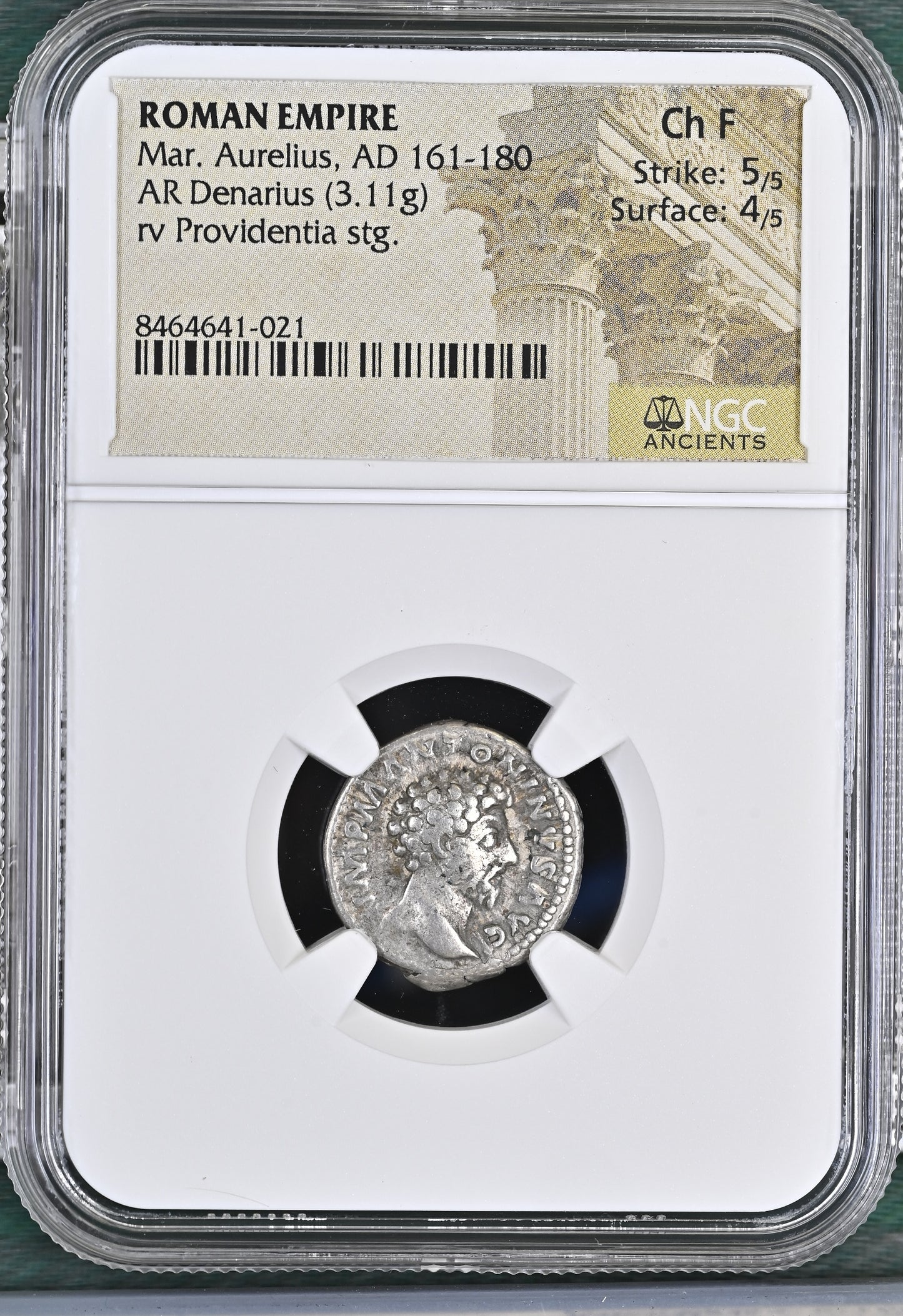 Roman Empire - Marcus Aurelius - Silver Denarius - NGC Ch F - RIC:71