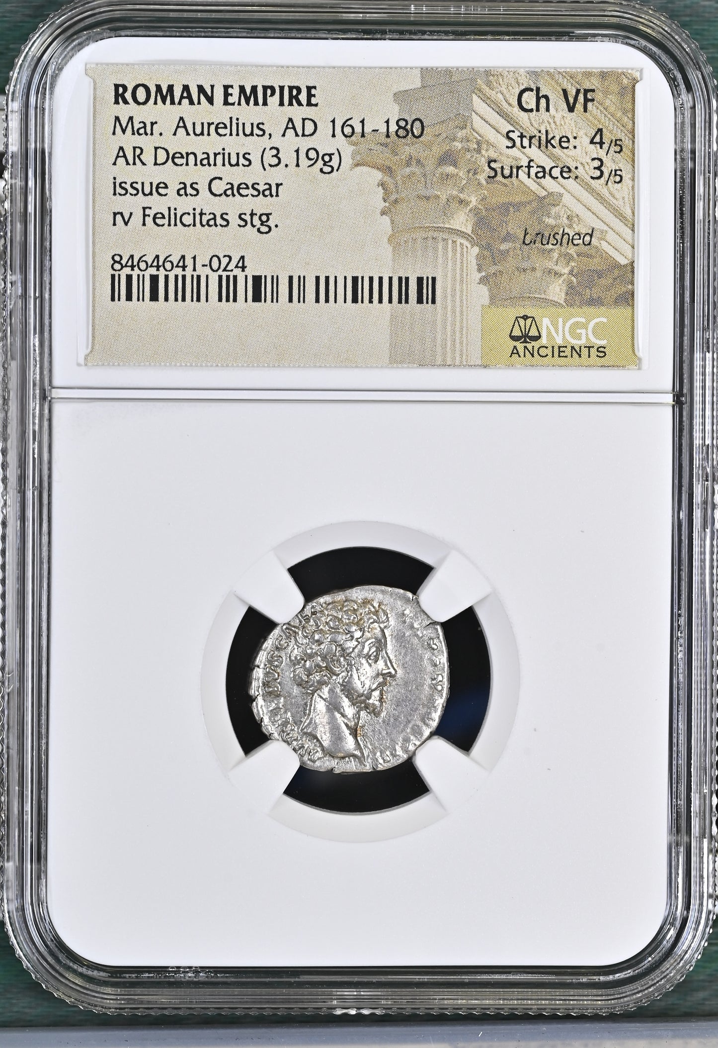 Roman Empire - Marcus Aurelius - Silver Denarius - NGC Ch VF - RIC:475a