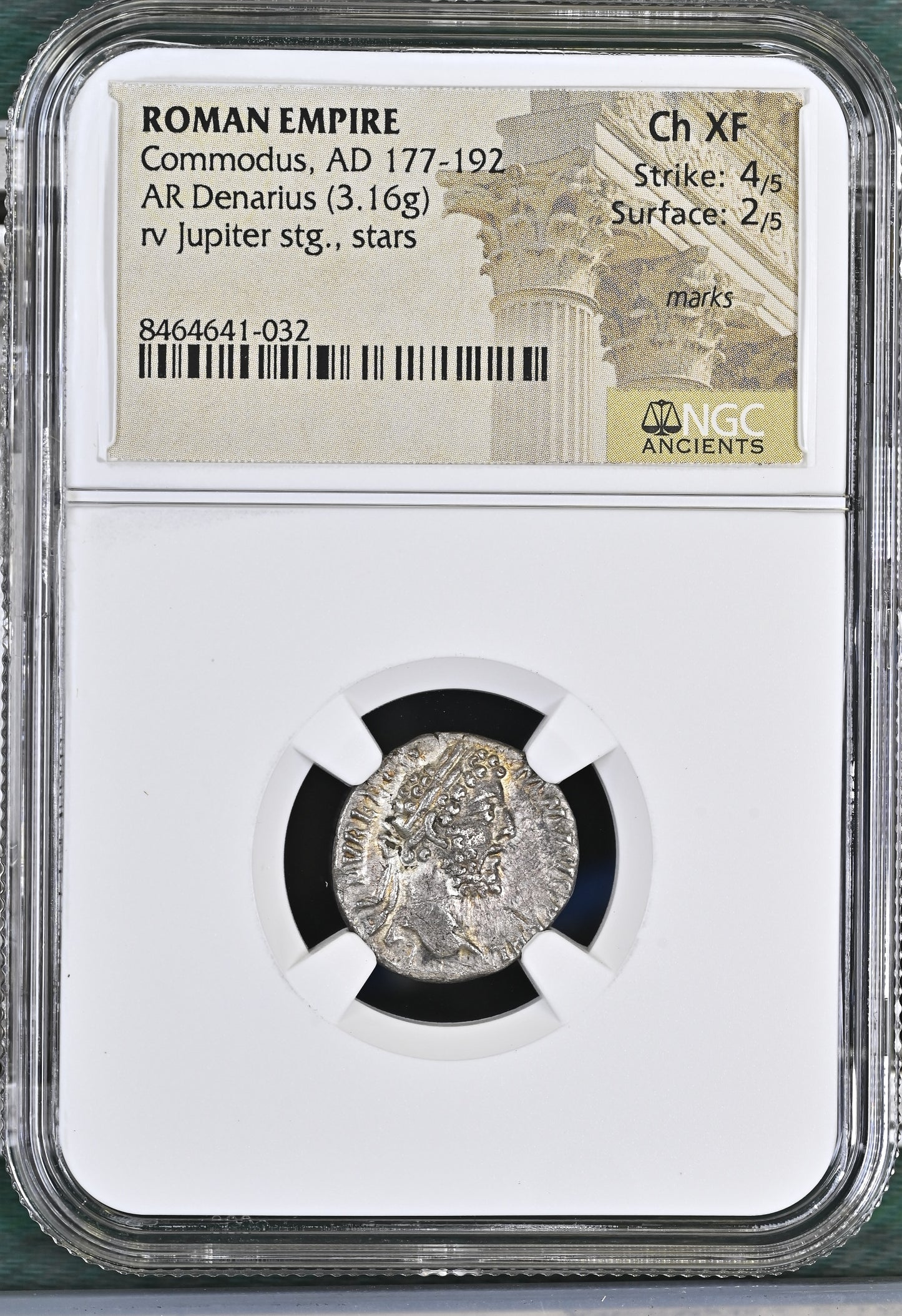 Roman Empire - Commodus - Silver Denarius - NGC Ch XF - RIC:256