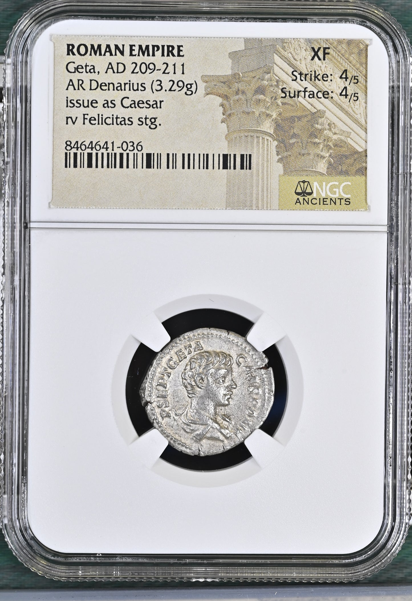 Roman Empire - Geta - Silver Denarius - NGC XF - RIC:9a