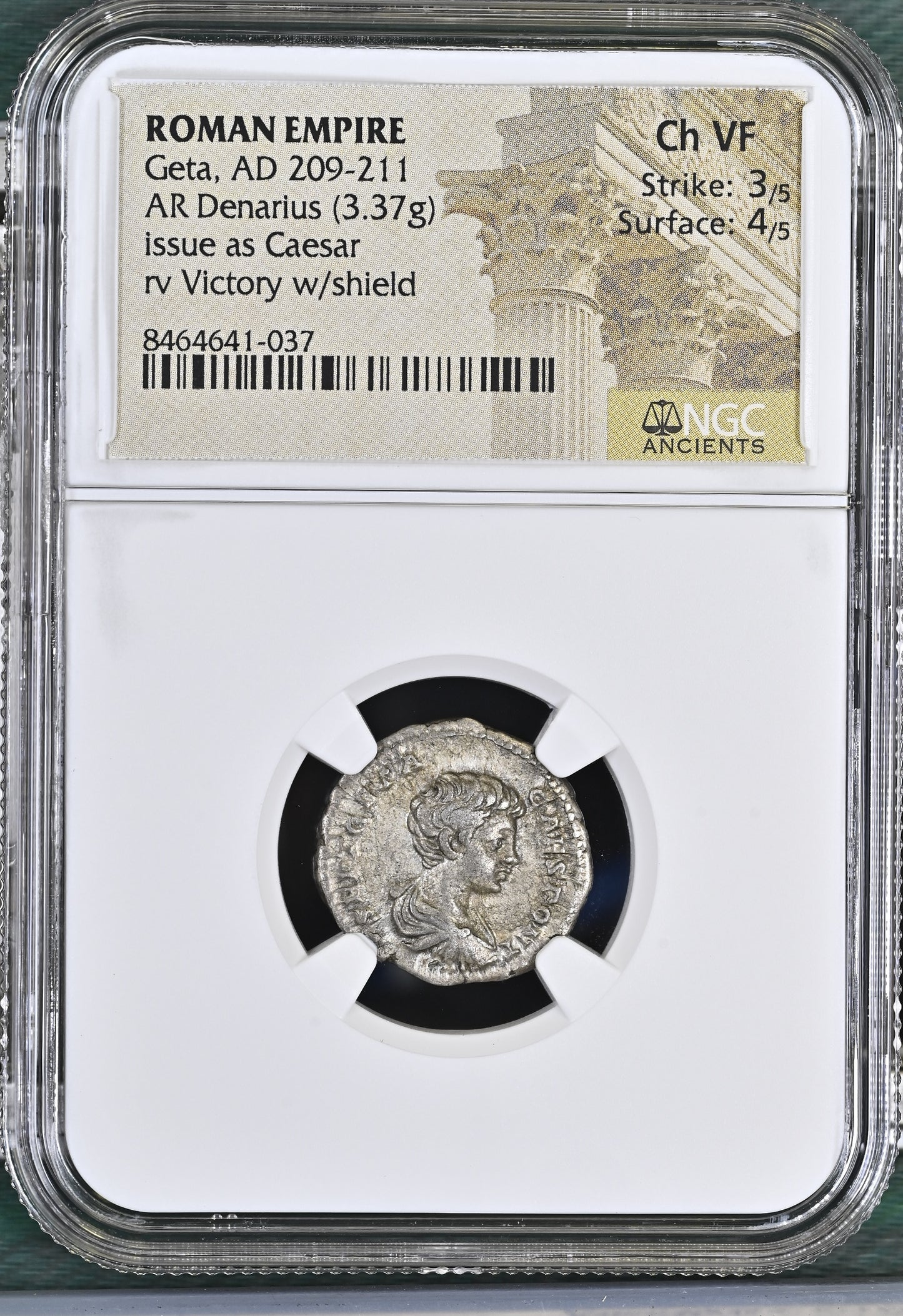 Roman Empire - Geta - Silver Denarius - NGC Ch VF - RIC:23