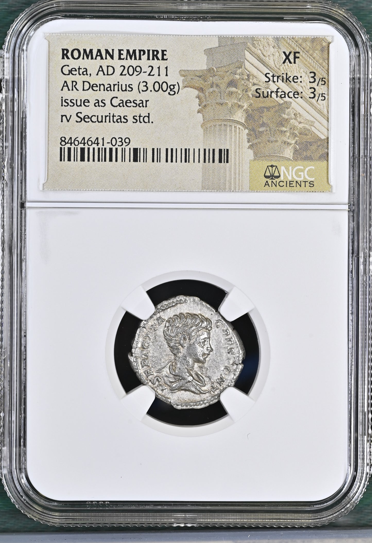Roman Empire - Geta - Silver Denarius - NGC XF - RIC:20a
