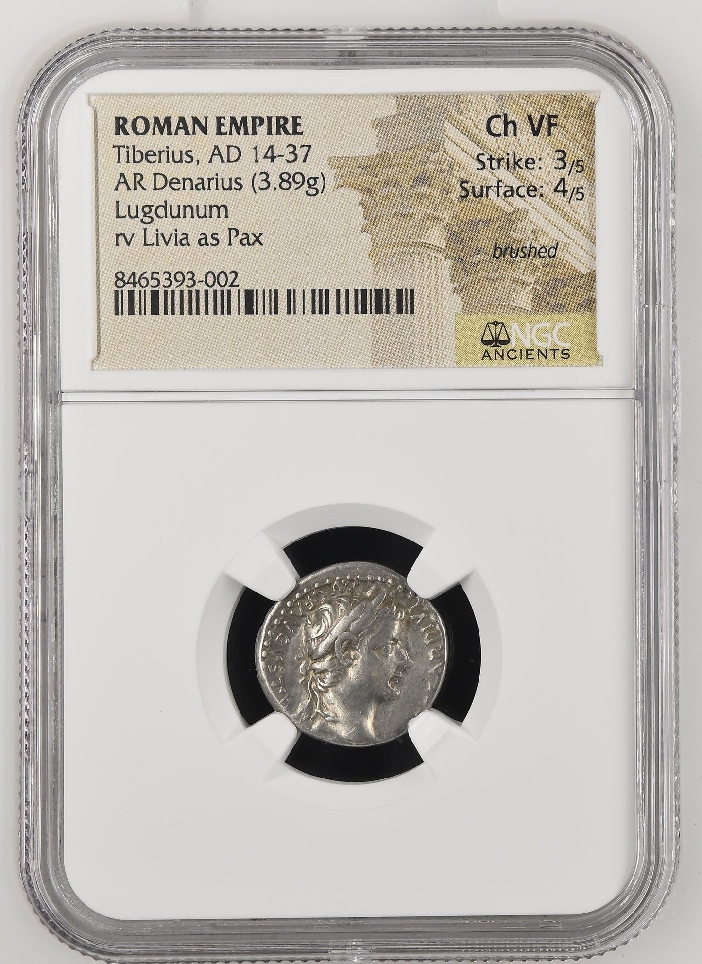 Roman Empire - Tiberius - Silver Denarius - NGC Ch VF - RIC:30