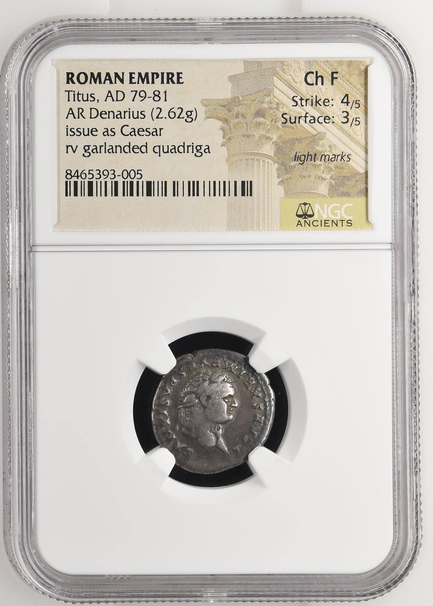 Roman Empire - Titus - Silver Denarius - NGC Ch F - RIC:1073