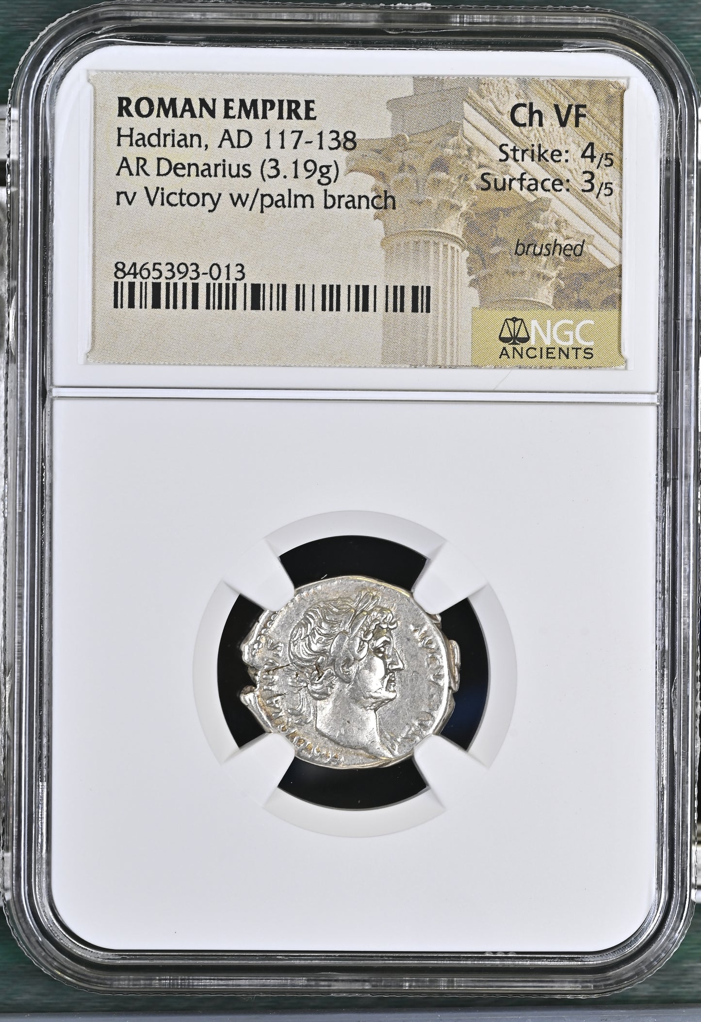 Roman Empire - Hadrian - Silver Denarius - NGC Ch VF - RIC:848