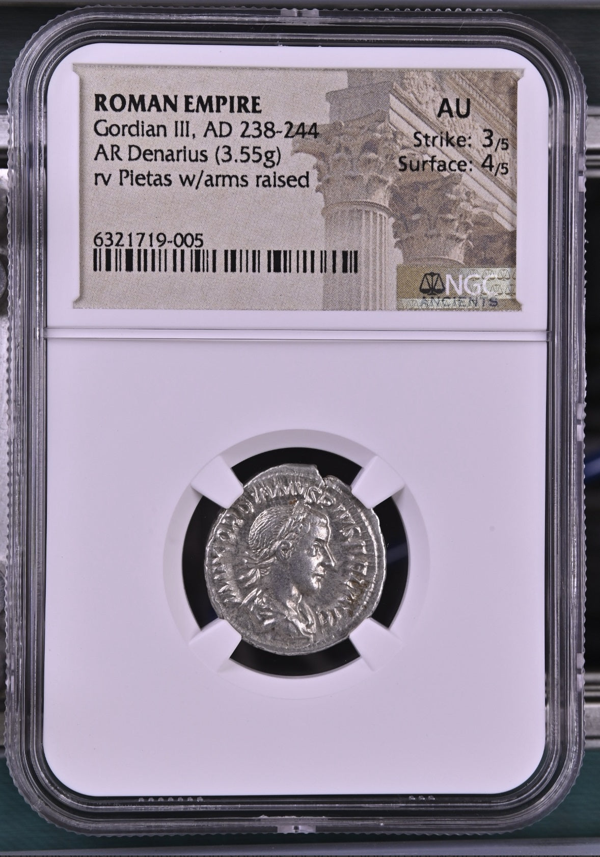 Roman Empire - Gordian III - Silver Denarius - NGC AU - Cohen:186