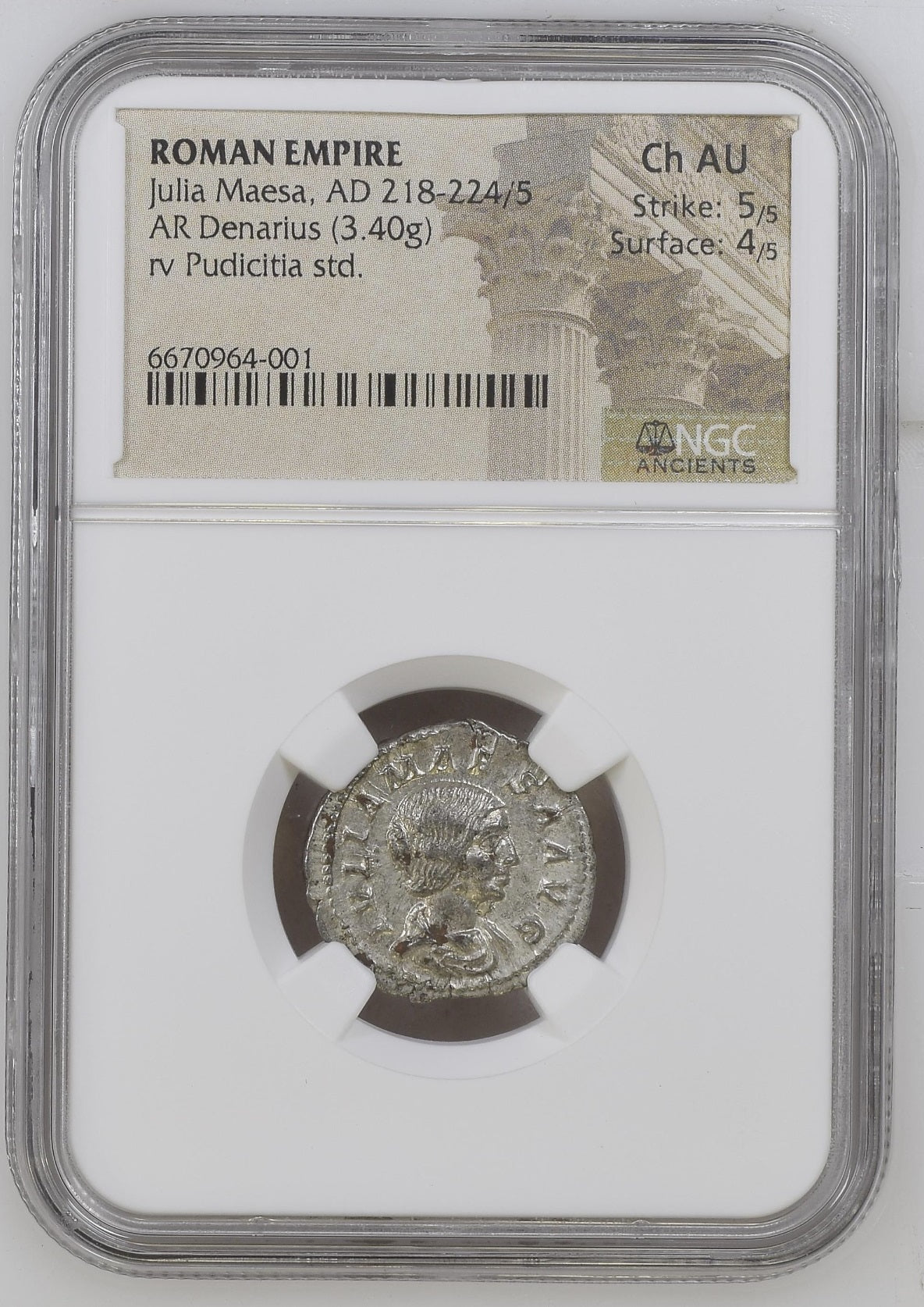Roman Empire - Julia Maesa - Silver Denarius - NGC Ch AU - Cohen:36